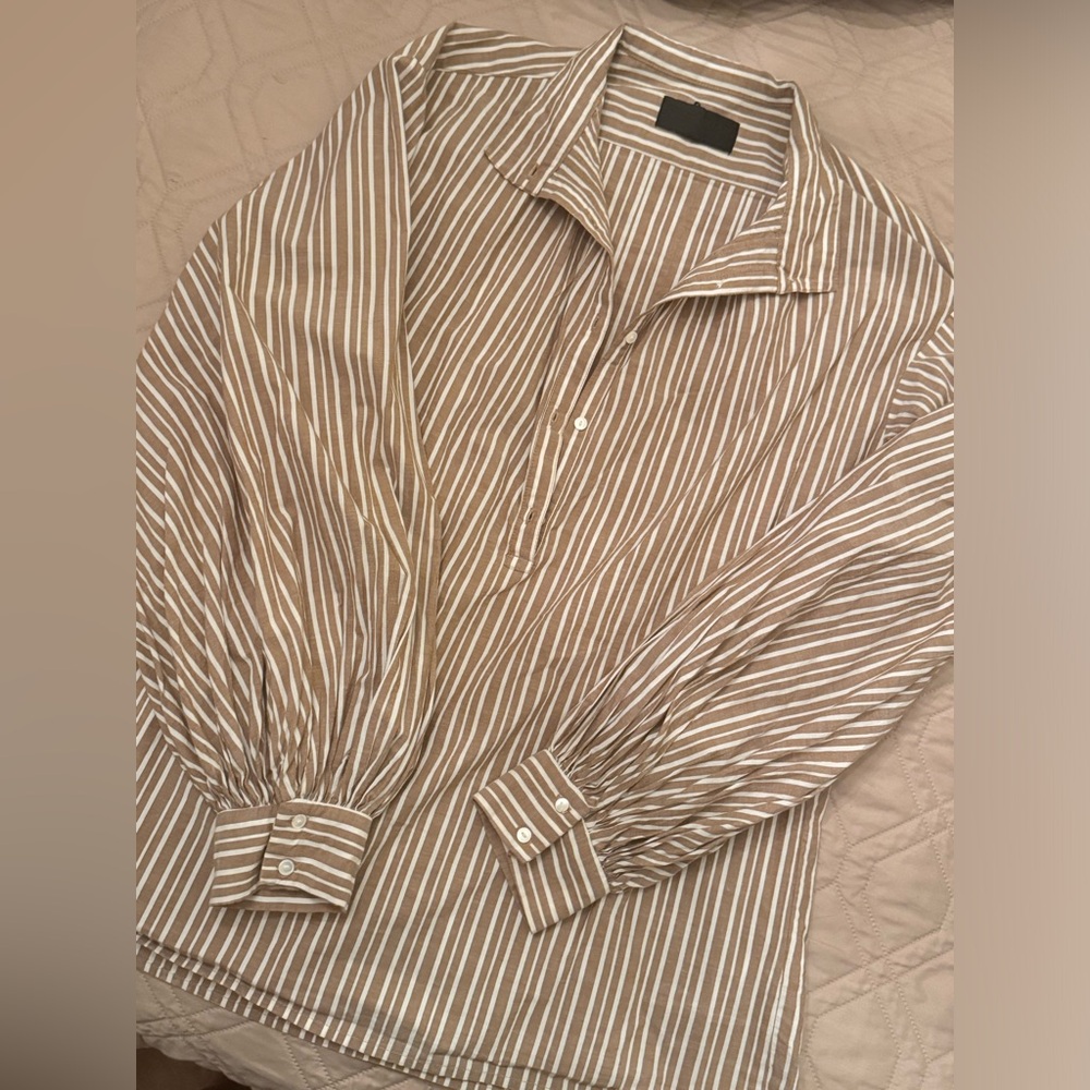 Nili Lotan Striped Blouse Tan and White